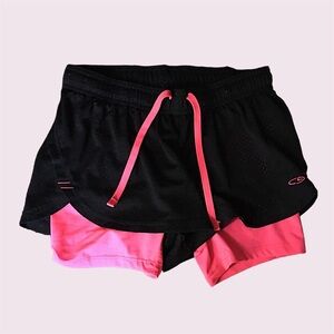 Hot Pink Layered Black Drawstring Athletic Shorts